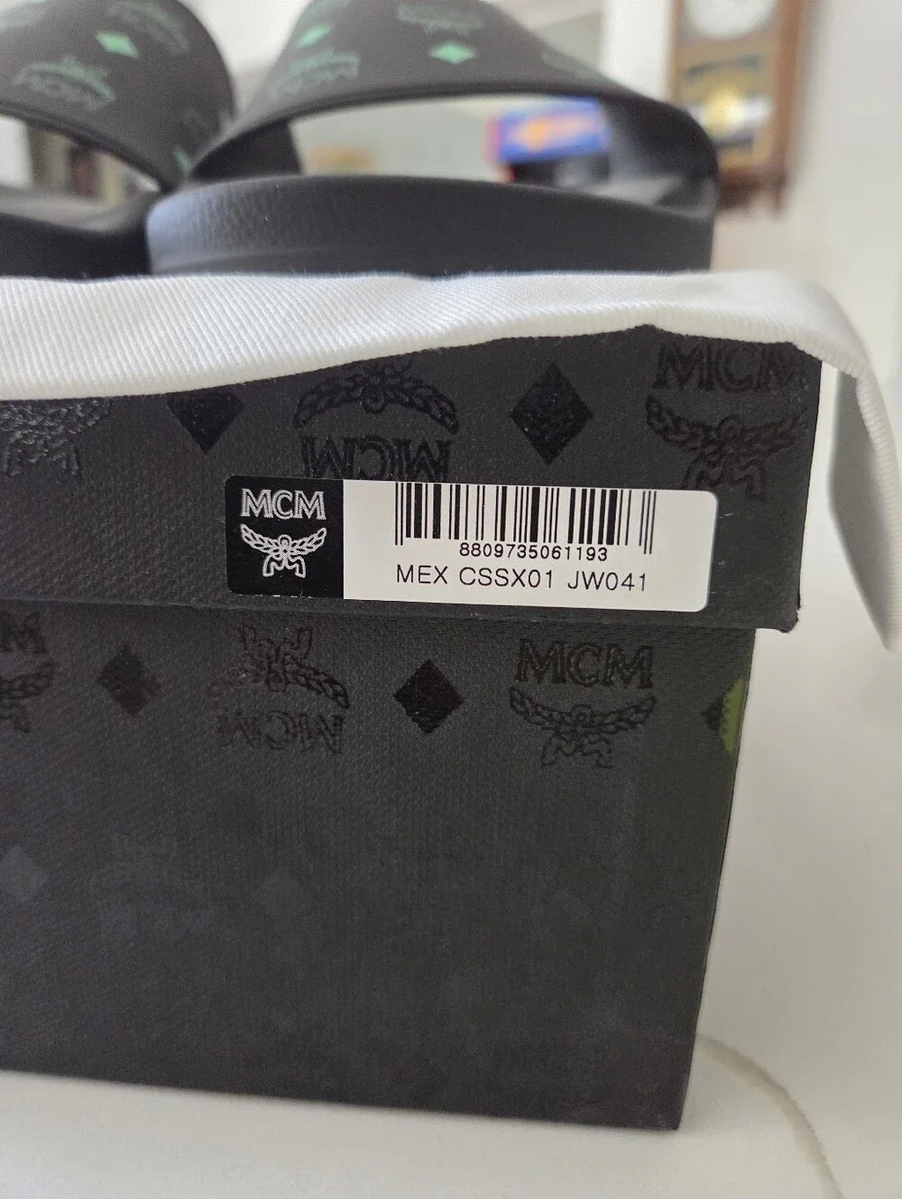 MCM Black Slide Sandals with Green Logo Print